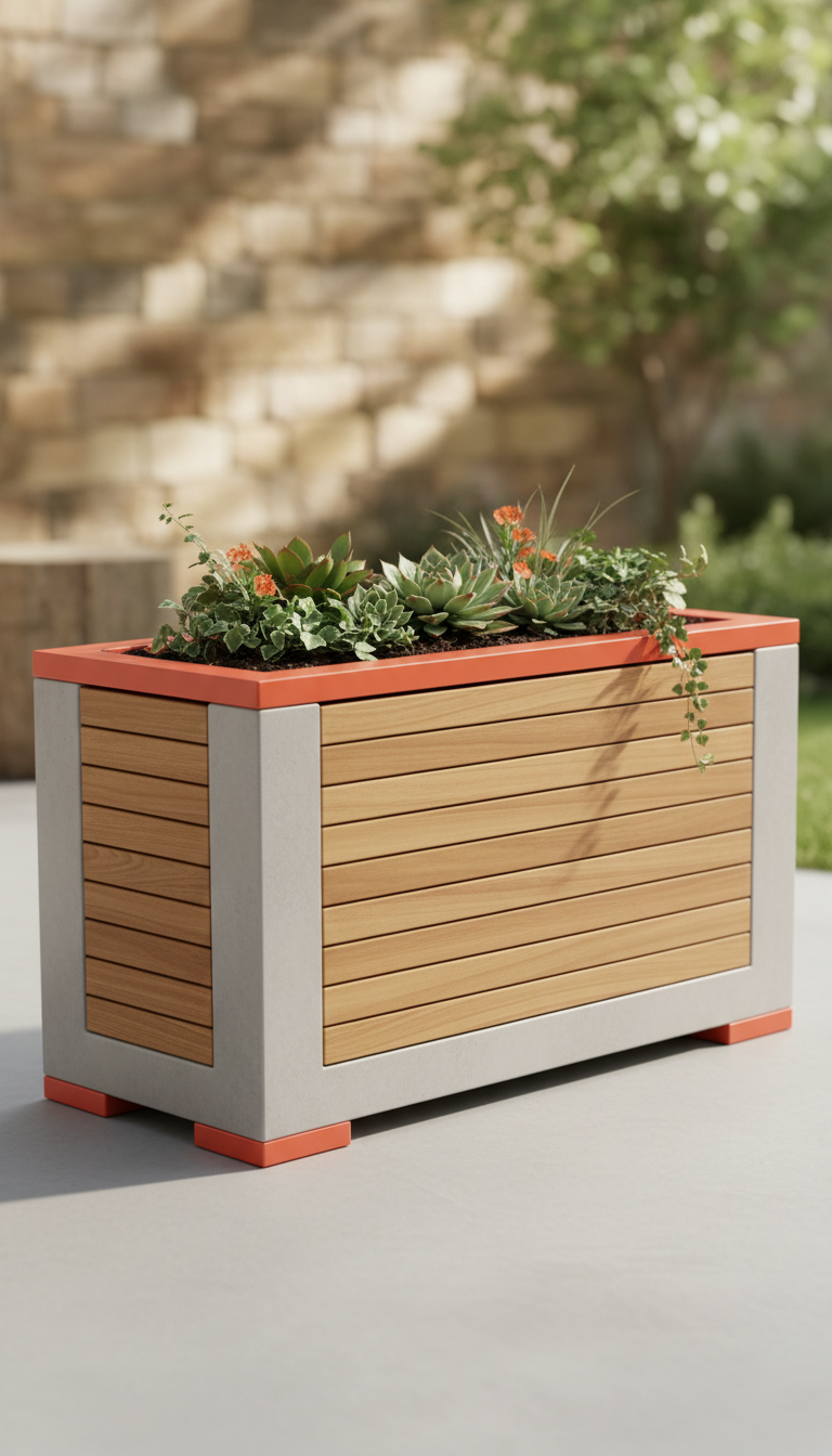 Outdoor Planter Box with Coral Orange Accents