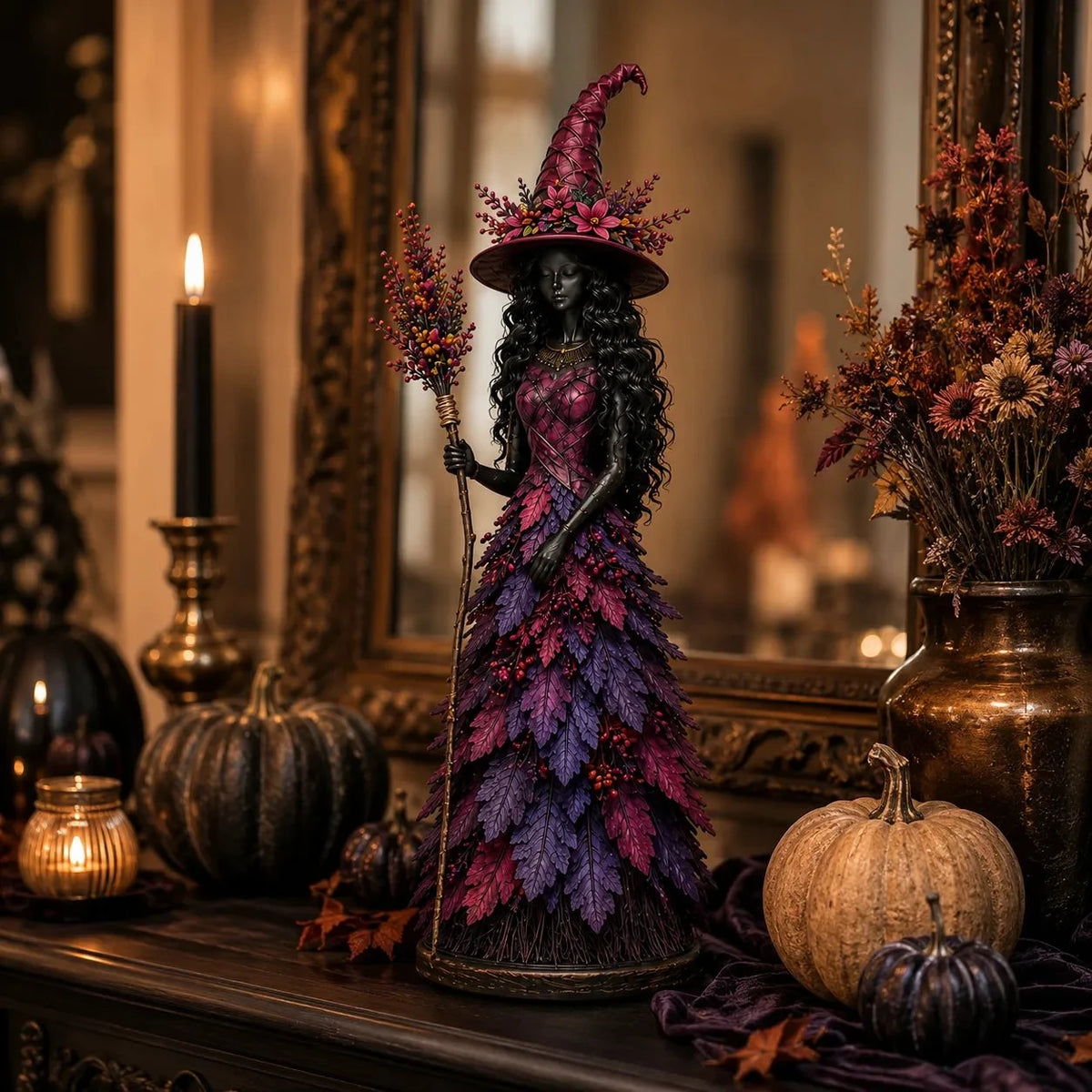 Selvane Leaf Figurine - Resin Statue with Witch Hat