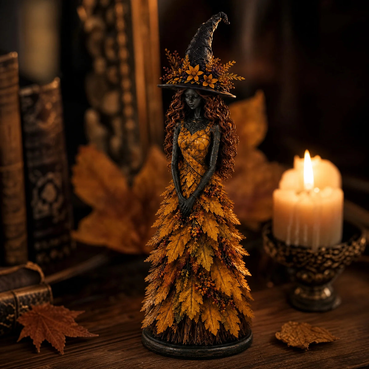 Selvane Leaf Figurine - Resin Statue with Witch Hat