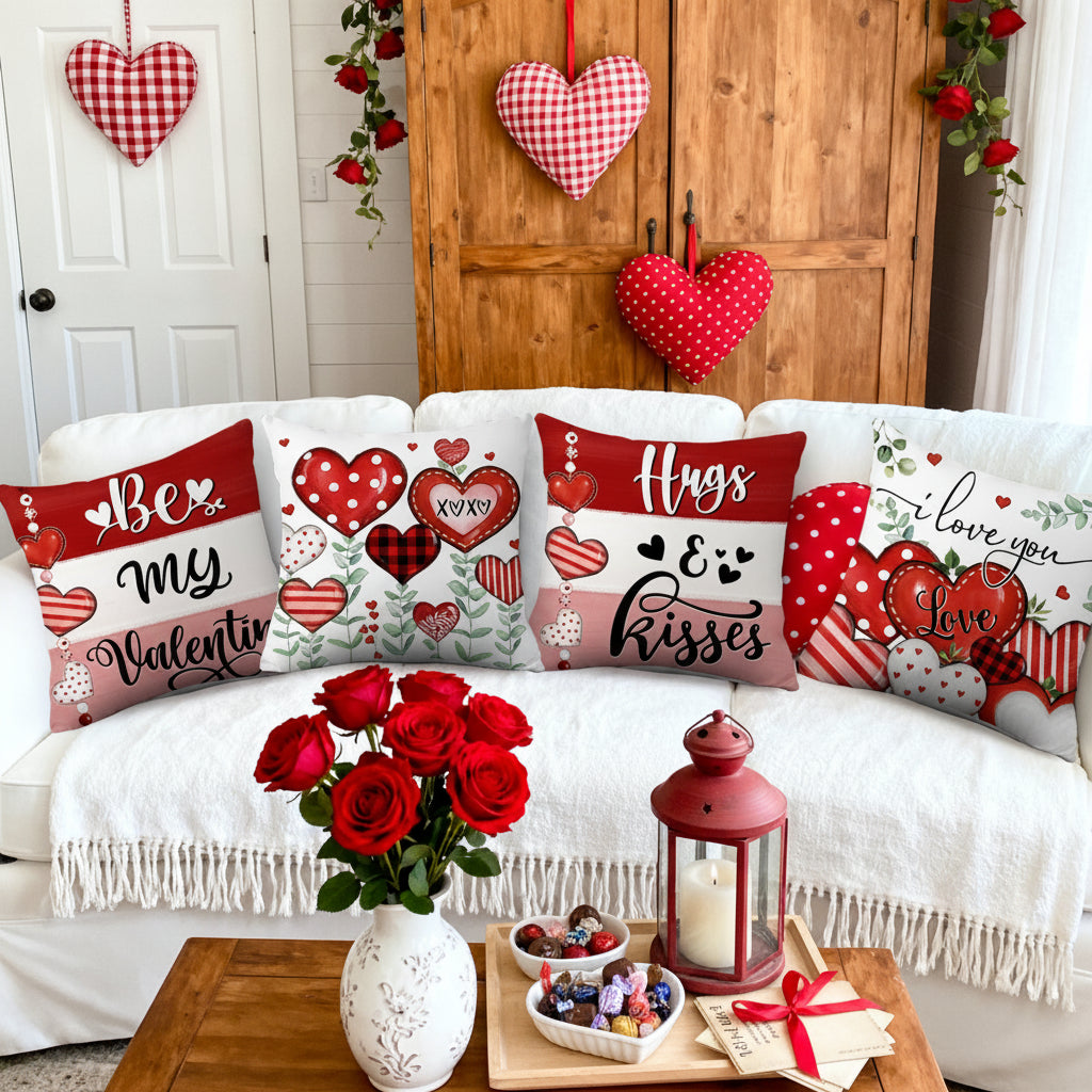 Heart Print Pillow Covers, Set of Four