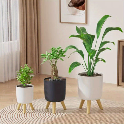 Modern Round Planter with Wooden Legs
