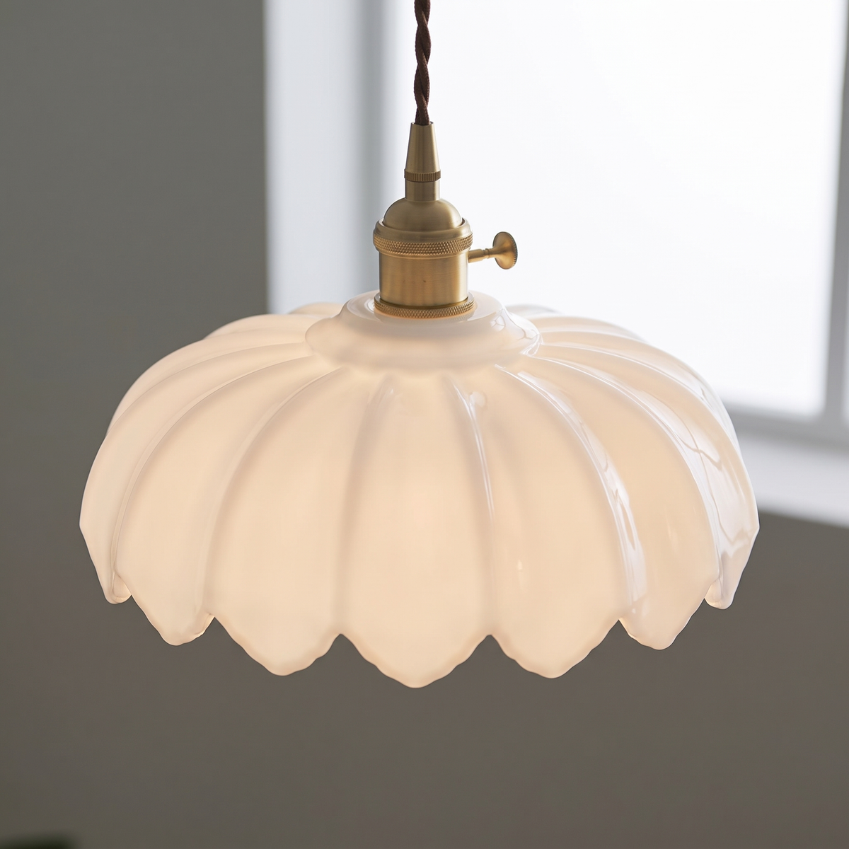 Vintage flower pendant lamp with white milk glass shade