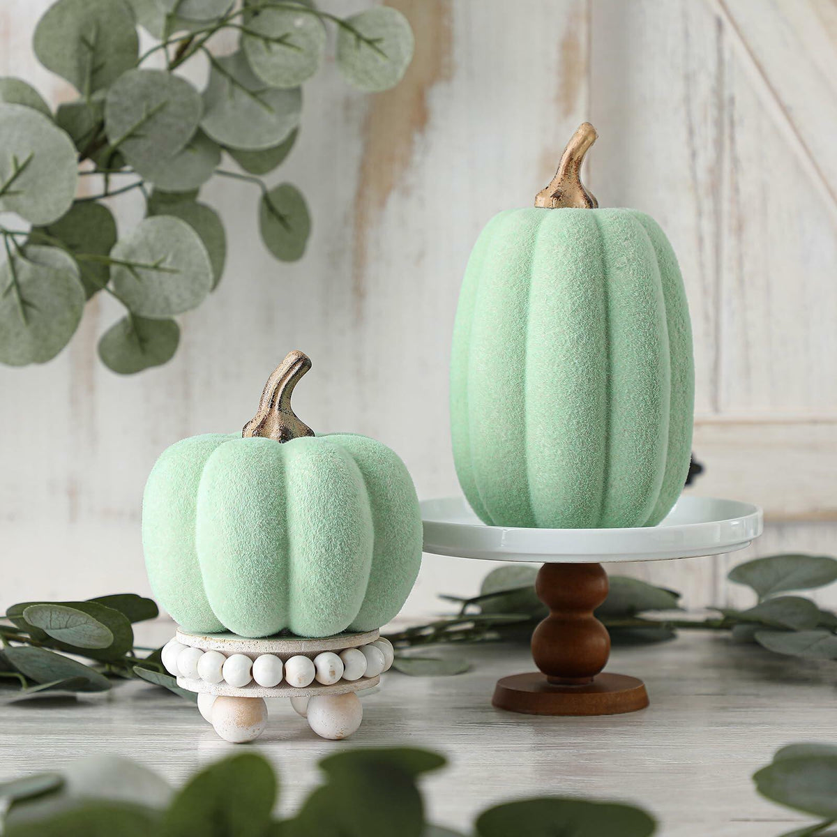 Velmoss Foam Pumpkins - Flocked Velvet Pair, Green