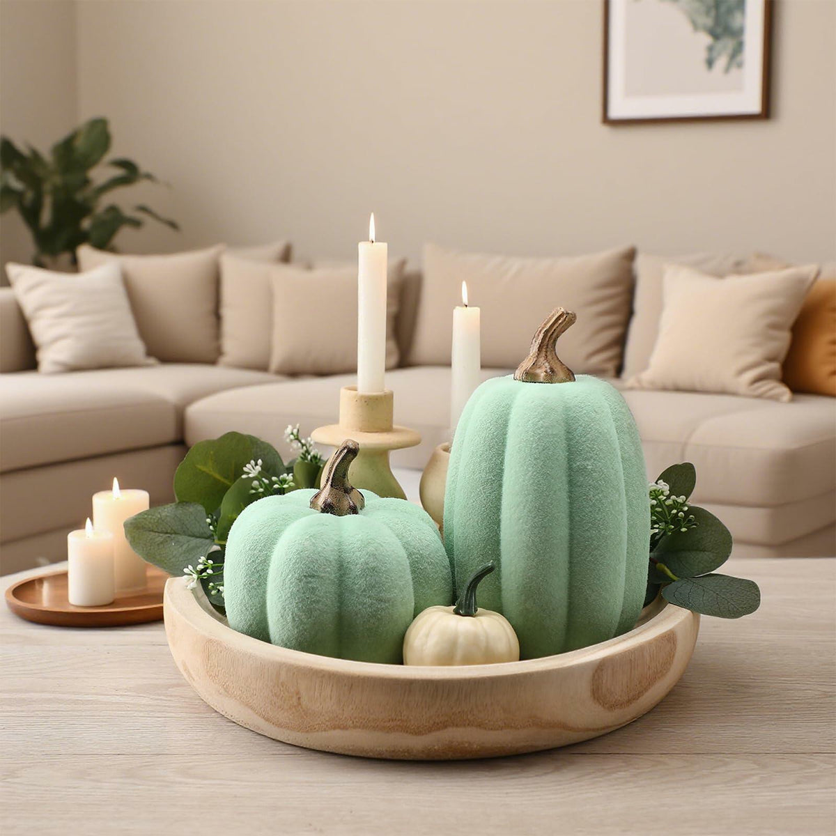 Velmoss Foam Pumpkins - Flocked Velvet Pair, Green