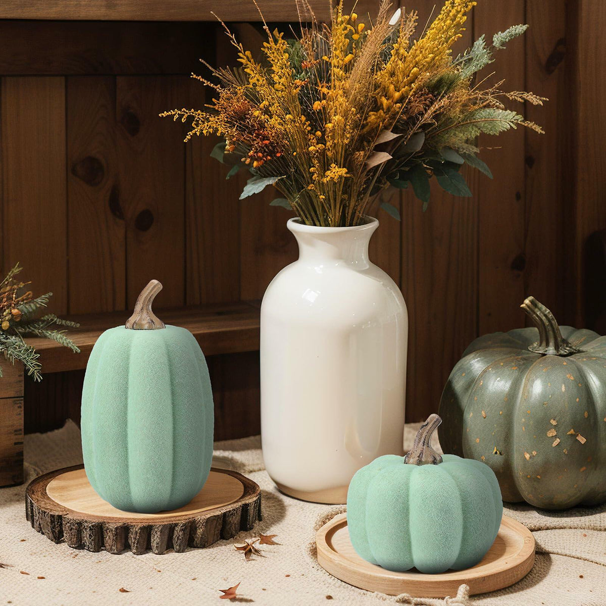 Velmoss Foam Pumpkins - Flocked Velvet Pair, Green