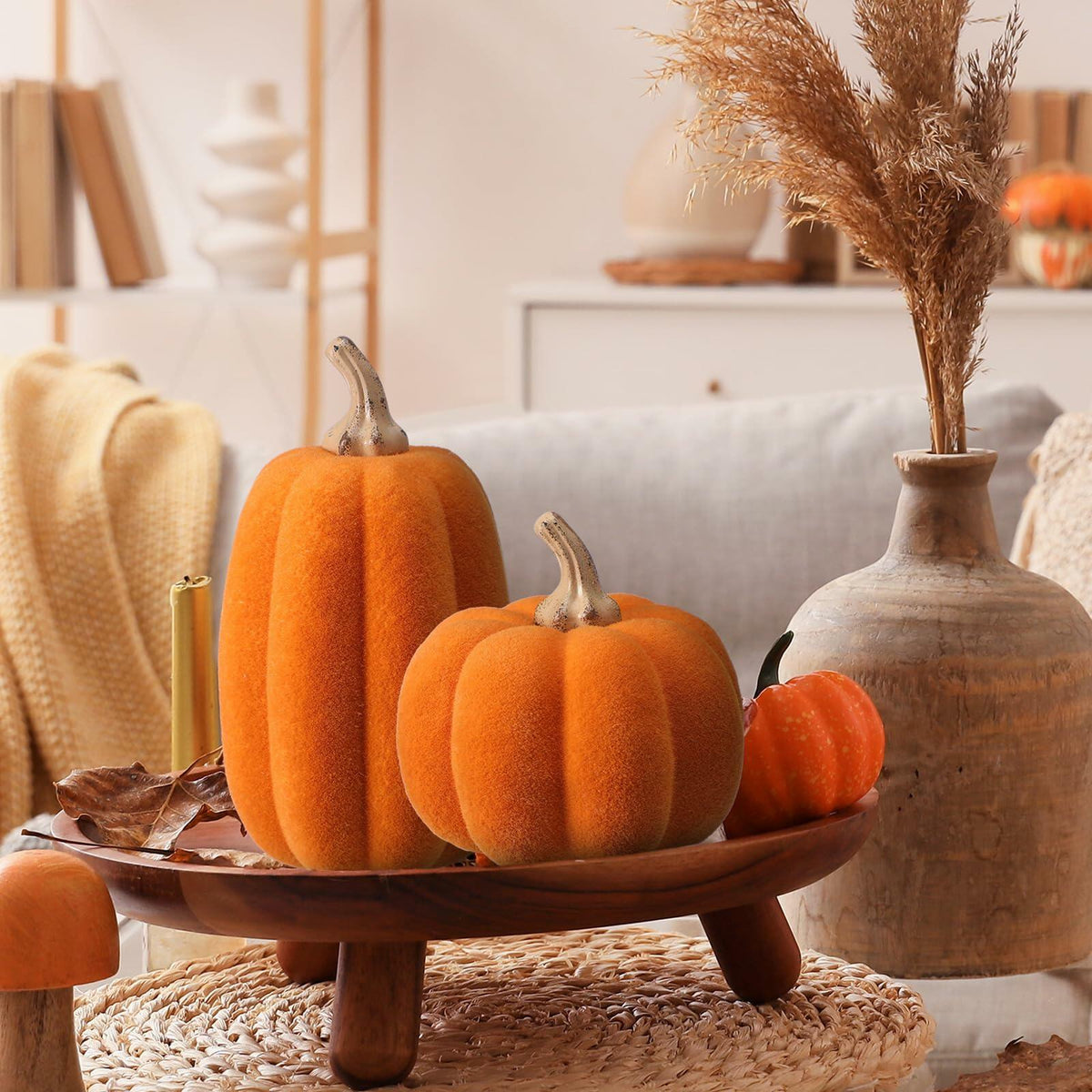 Velmoss Foam Pumpkins - Flocked Velvet Pair, Orange