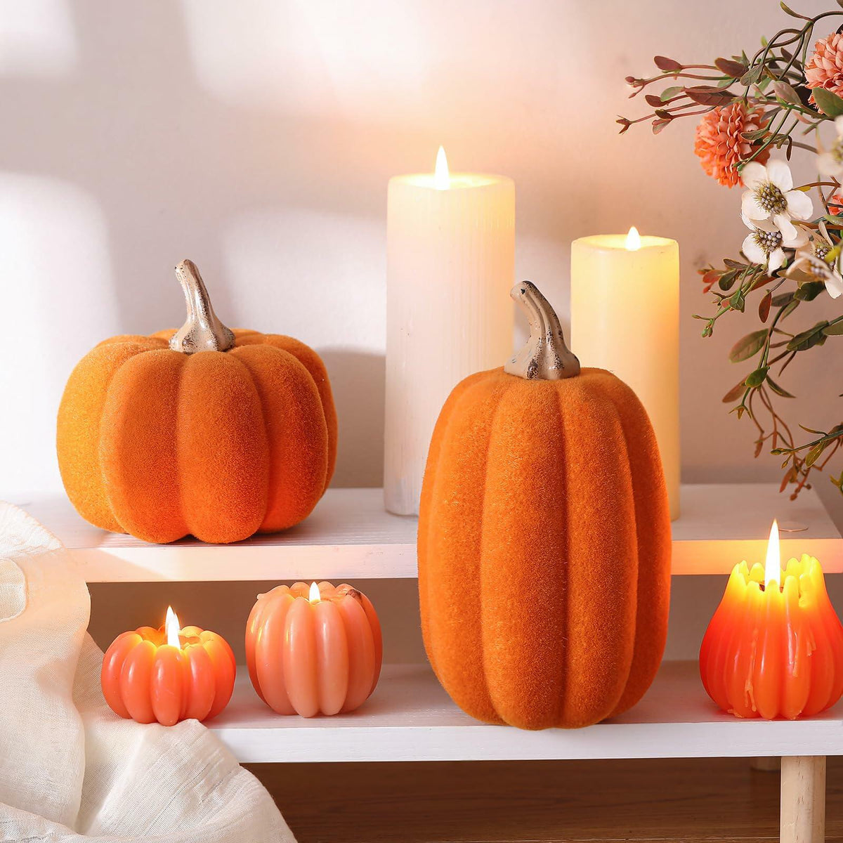 Velmoss Foam Pumpkins - Flocked Velvet Pair, Orange